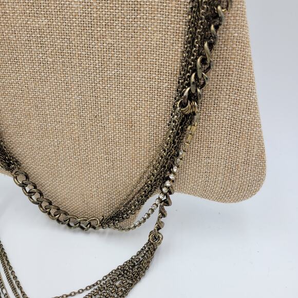Vtg Layered Chain Necklace 28" Gold Tone Beaded Rhinestone Accent Rustic Rocker - Picture 12 of 12